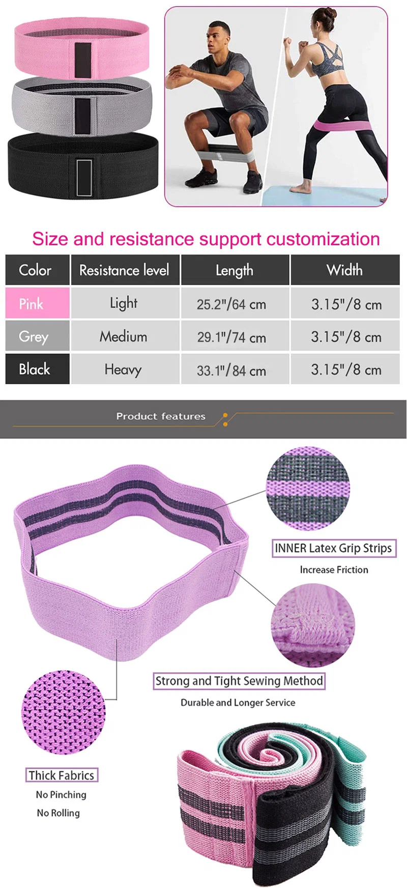 Exercise Resistance Bands for Legs and Butt, Anti-Slip & Roll Booty Bands, Thick Elastic Fabric Workout Fitness Loops Band